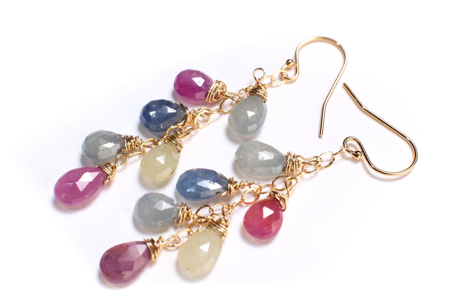 Multi Sapphire Wire Wrapped Dangling Faceted Pear Drop 5x7-6x9mm Cascade Earrings in 14K Gold Filled or 925 sterling silver Hook/Leverback .