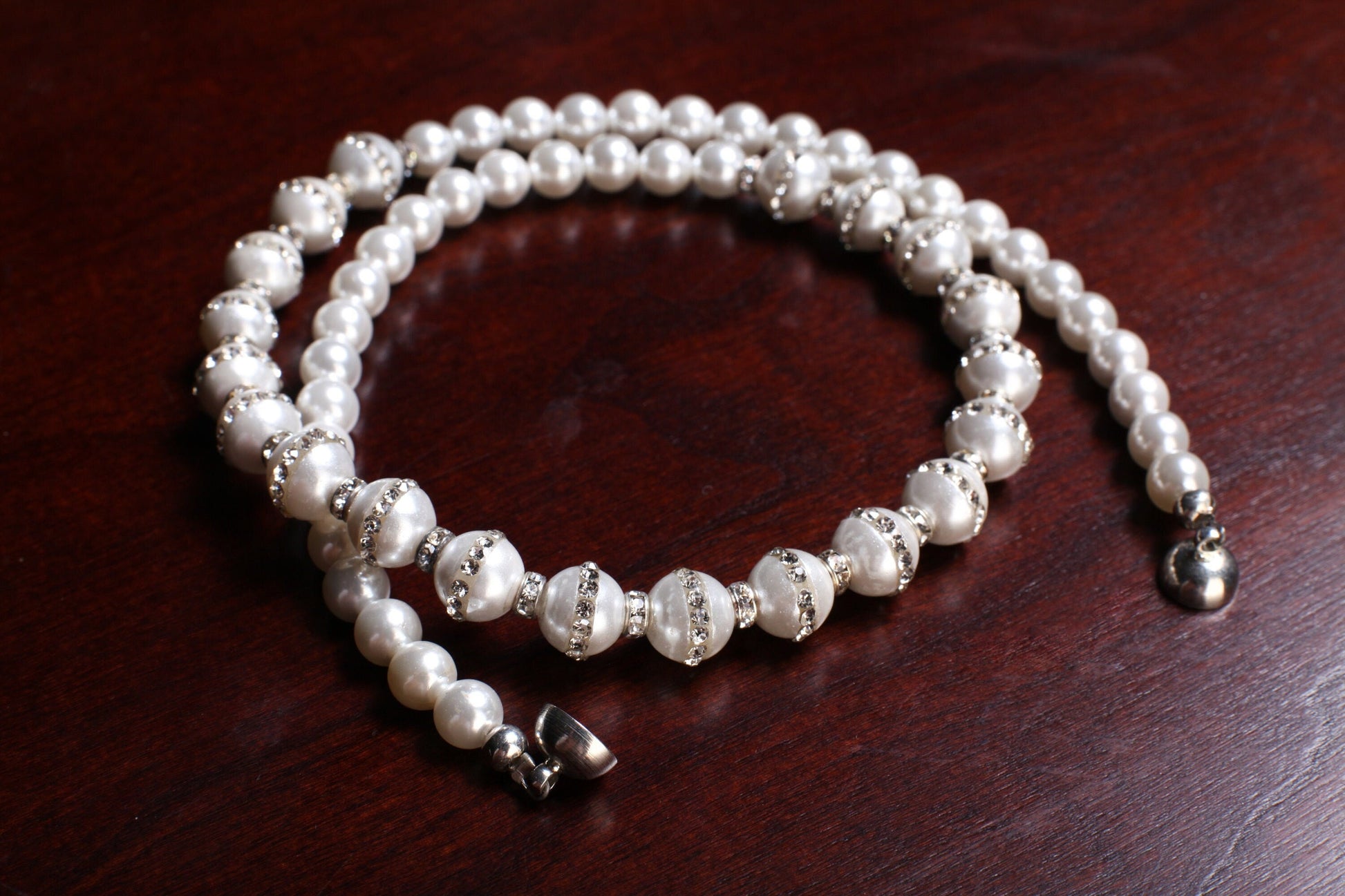 South Sea Shell Pearl Smooth Round and Rhinestone Pearl Beads White Necklace, Bridal with Magnetic Closure, Gift for Her
