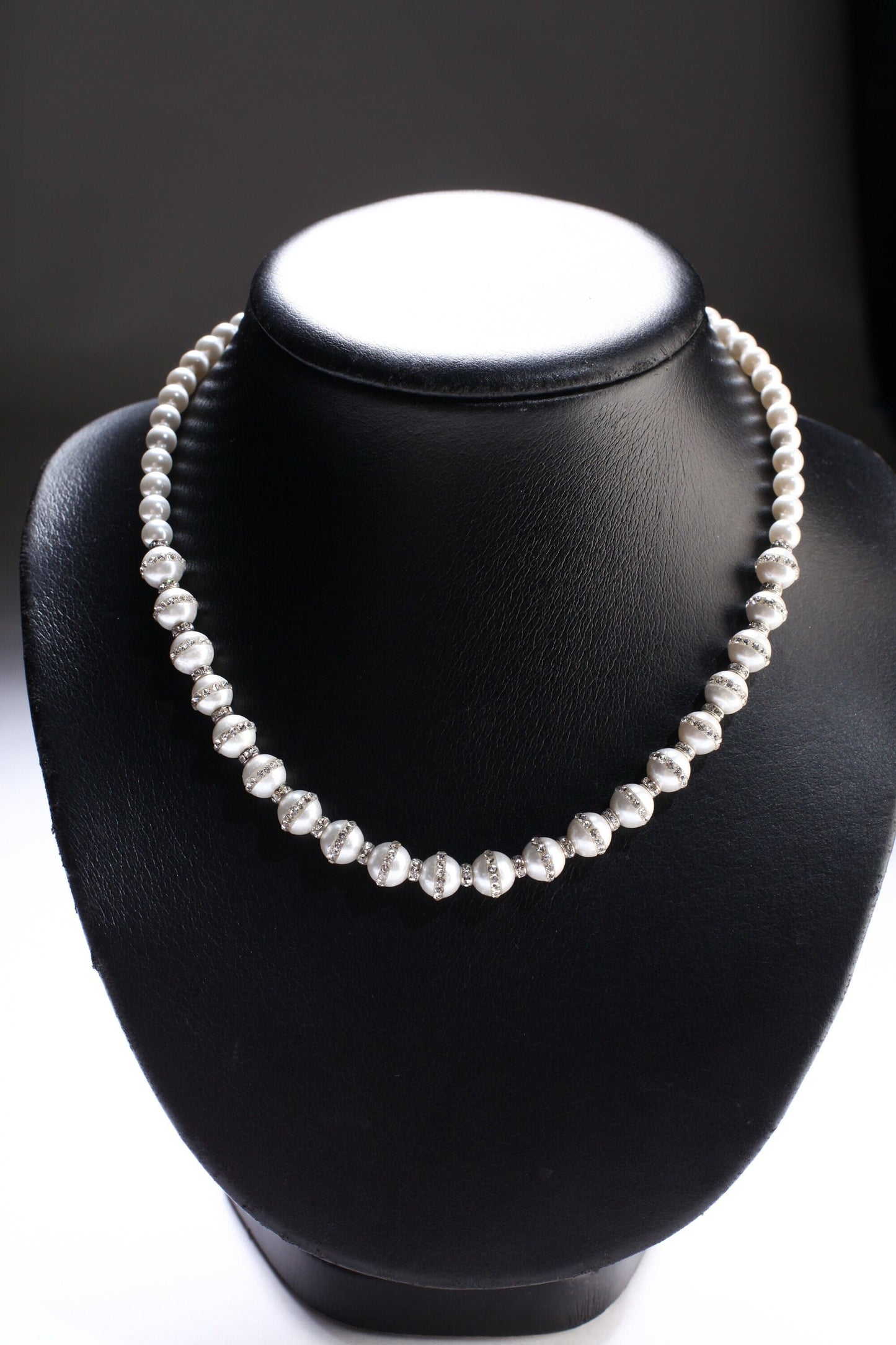 South Sea Shell Pearl Smooth Round and Rhinestone Pearl Beads White Necklace, Bridal with Magnetic Closure, Gift for Her