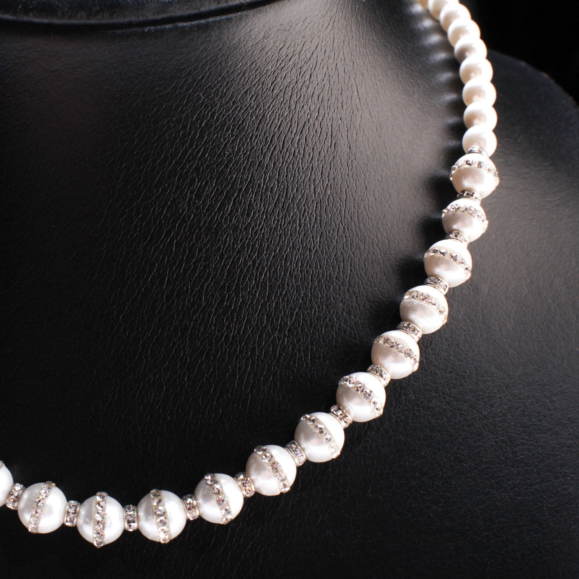 South Sea Shell Pearl Smooth Round and Rhinestone Pearl Beads White Necklace, Bridal with Magnetic Closure, Gift for Her