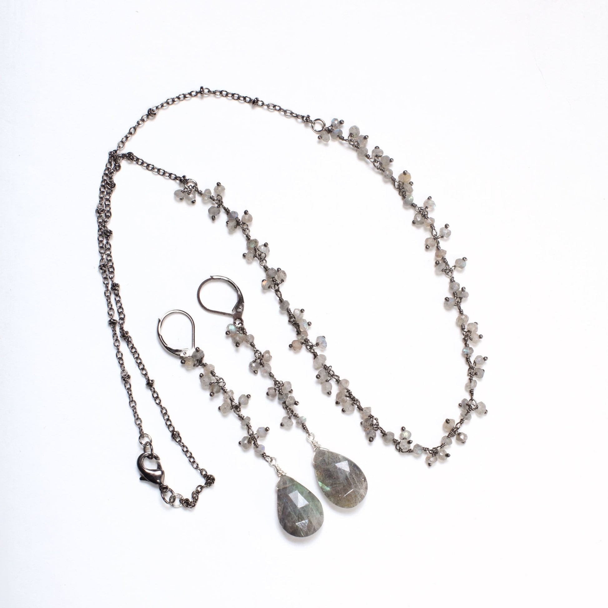 Labradorite Necklace & Earrings Set, Dangling Oxidized Silver Wire Wrap Faceted Pear Drop, Clusters in Gun Metal Leverback, Boho, Handmade