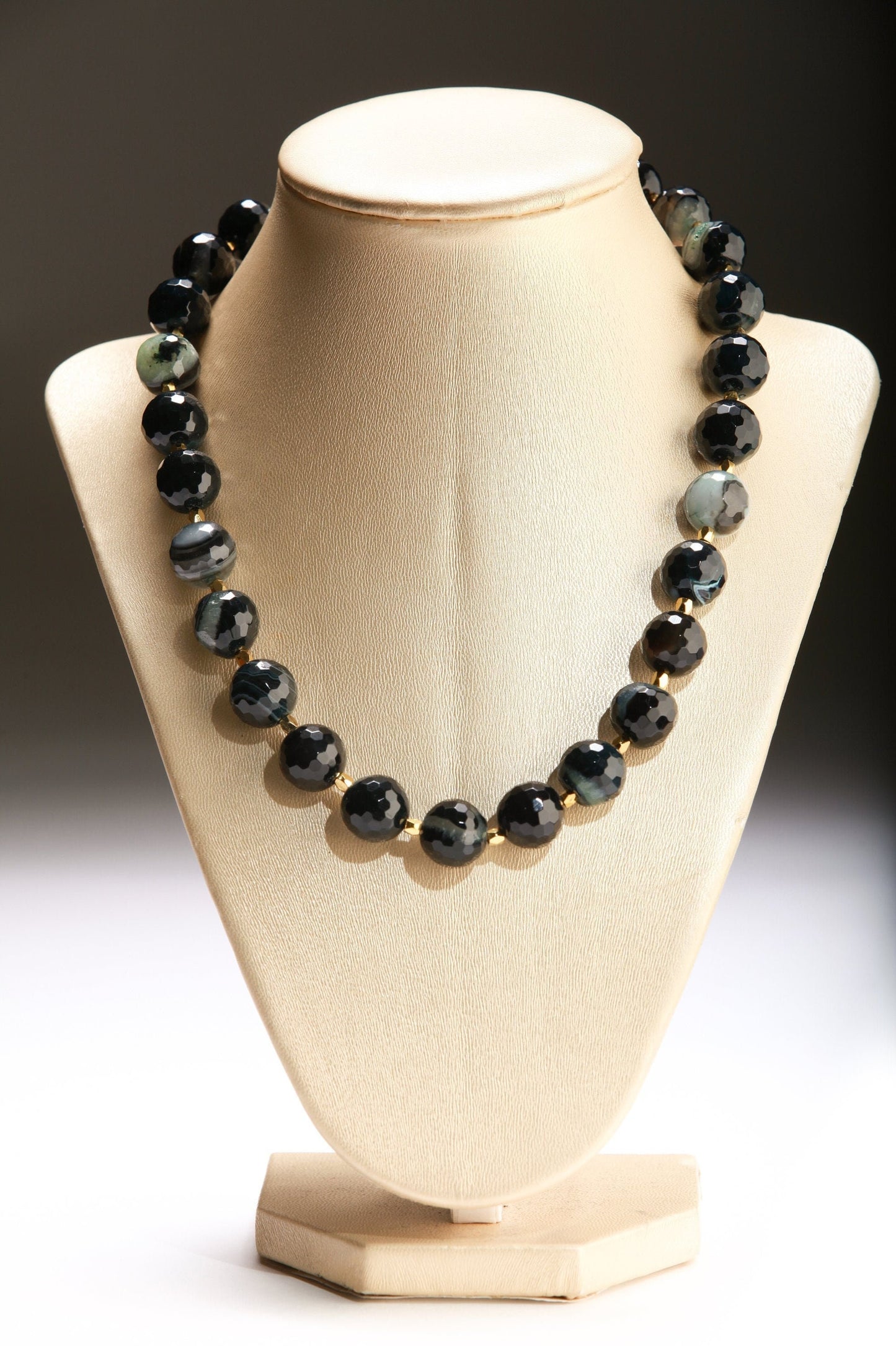 Banded Agate 14mm Faceted Round With Gold Bali style Spacer Beads, Greenish Agate 18" Necklace, 2" Extension, Matching Earrings Jewelry Set
