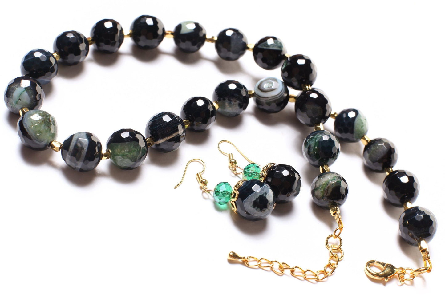 Banded Agate 14mm Faceted Round With Gold Bali style Spacer Beads, Greenish Agate 18&quot; Necklace, 2&quot; Extension, Matching Earrings Jewelry Set