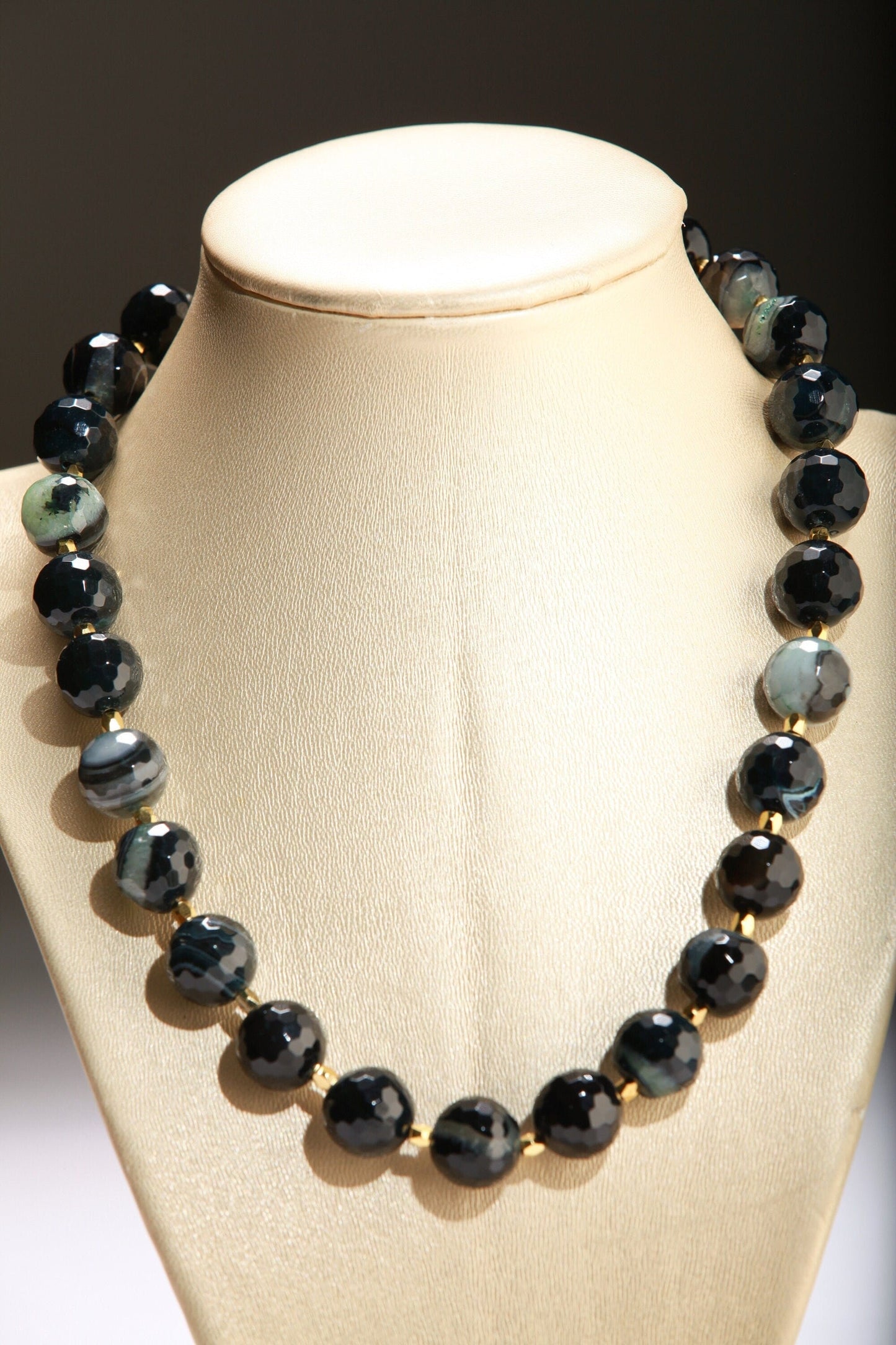 Banded Agate 14mm Faceted Round With Gold Bali style Spacer Beads, Greenish Agate 18" Necklace, 2" Extension, Matching Earrings Jewelry Set