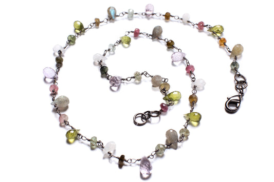 Multi Gemstone Faceted Briolette Rondelle Wire Wrapped Oxidized Silver Necklace, Peridot, Labradorite, Moonstone, Tourmaline, Pink Amethyst