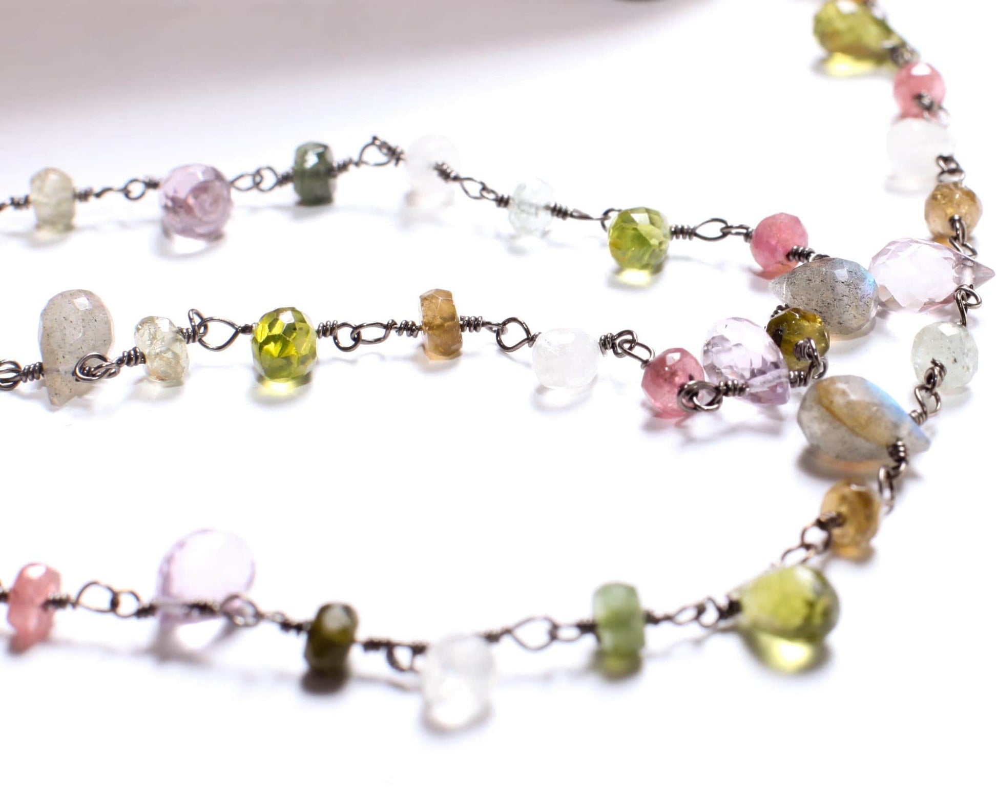 Multi Gemstone Faceted Briolette Rondelle Wire Wrapped Oxidized Silver Necklace, Peridot, Labradorite, Moonstone, Tourmaline, Pink Amethyst