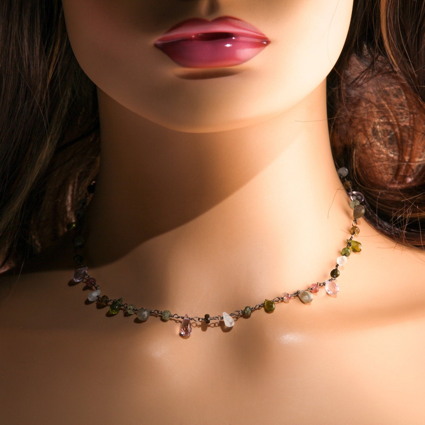 Multi Gemstone Faceted Briolette Rondelle Wire Wrapped Oxidized Silver Necklace, Peridot, Labradorite, Moonstone, Tourmaline, Pink Amethyst