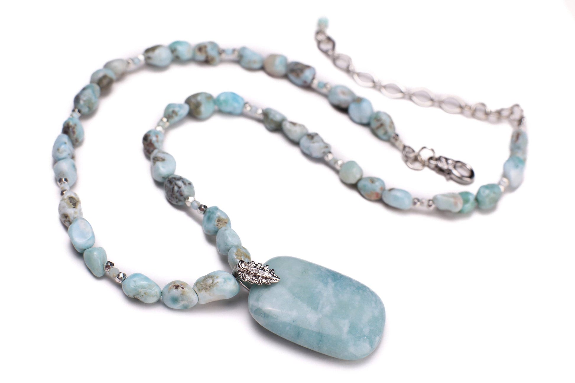 Natural Larimar Raw Nugget 6-8mm, Larimar 3mm Spacer Necklace, Matching Larimar Pendant 18&quot; Necklace with 3&quot; Rhodium Extension Chain