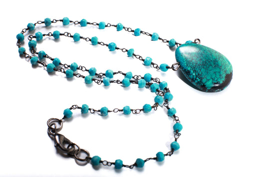 Natural Tibetan Turquoise Matrix Teardrop Pendant with Turquoise Beaded 18&quot; Black Oxidized Necklace