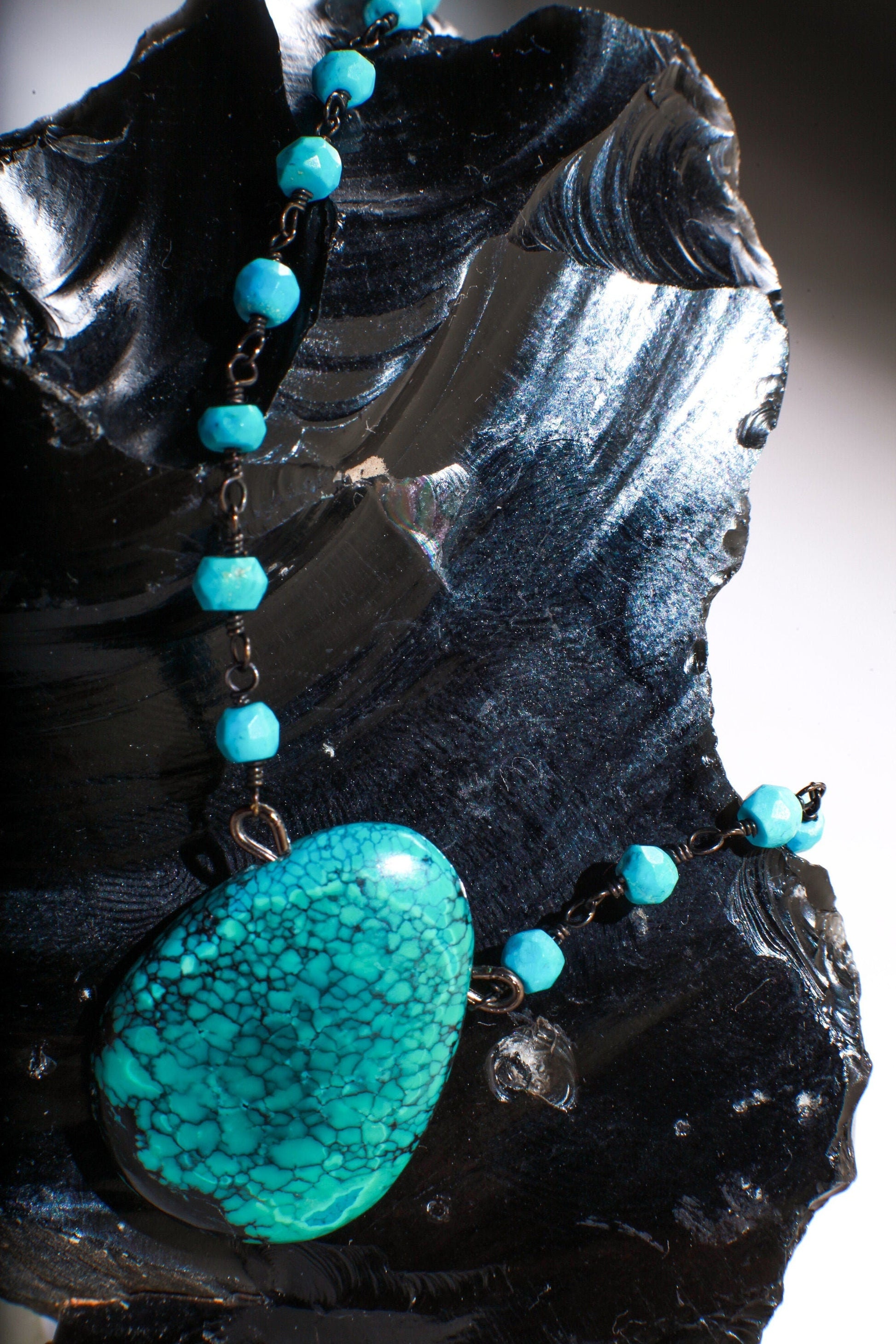 Natural Tibetan Turquoise Matrix Teardrop Pendant with Turquoise Beaded 18" Black Oxidized Necklace
