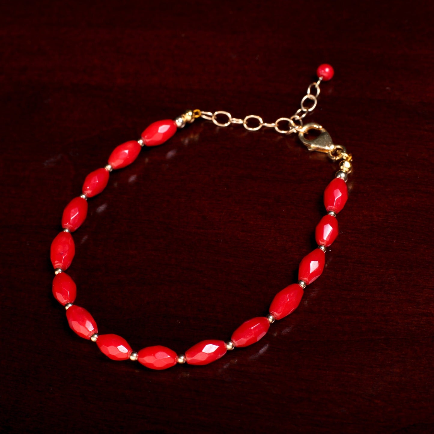 Bamboo Coral Faceted Rice Oval Genuine AAA Quality Bracelet with 14K Gold Filled Spacer and Clasp, 7" plus 1.5" Extender, good luck gift