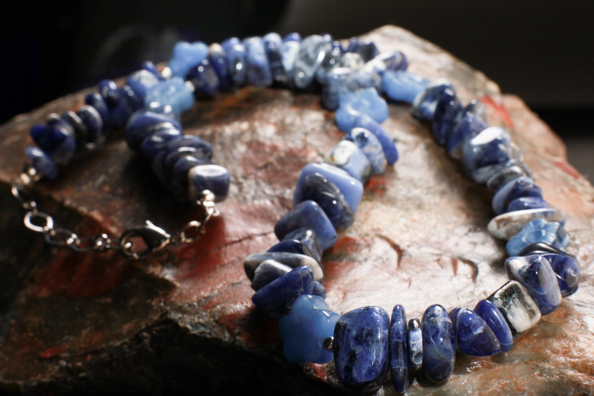 Sodalite Raw Nugget with Carved Vintage Flower Gemstone 19&quot; Necklace with 2&quot; Extension Chain