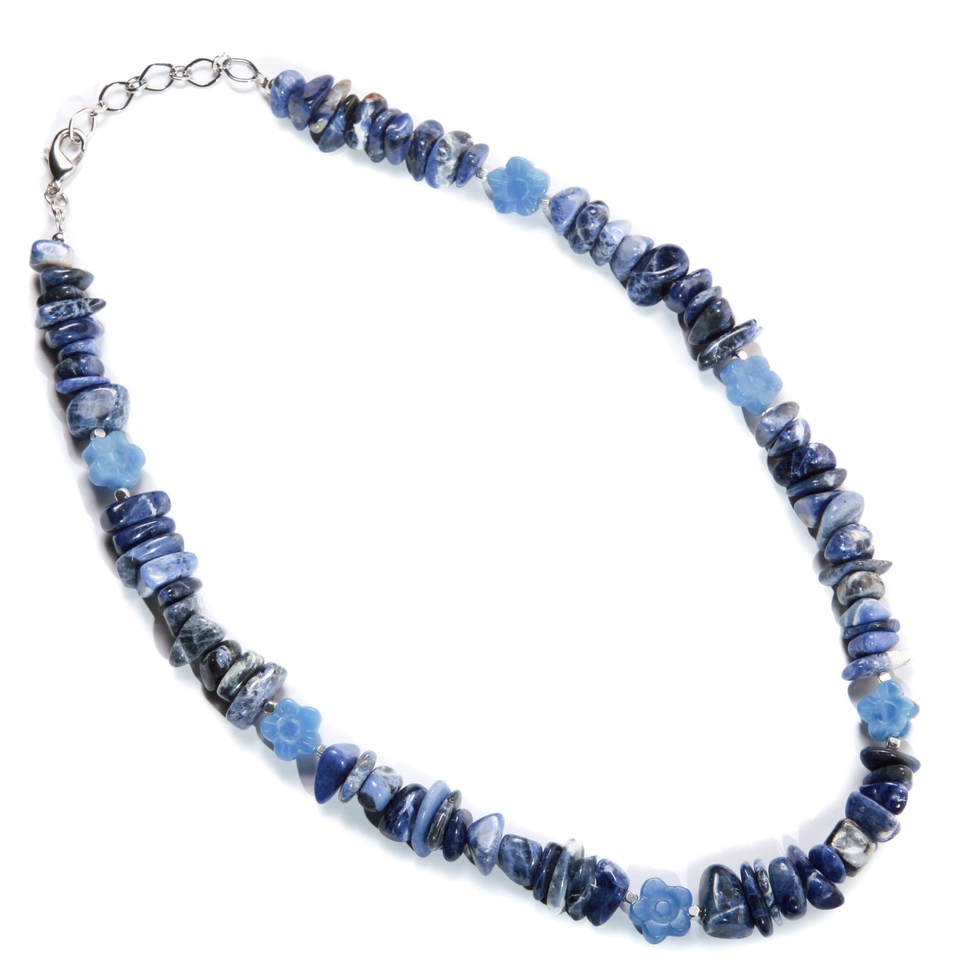 Sodalite Raw Nugget with Carved Vintage Flower Gemstone 19&quot; Necklace with 2&quot; Extension Chain