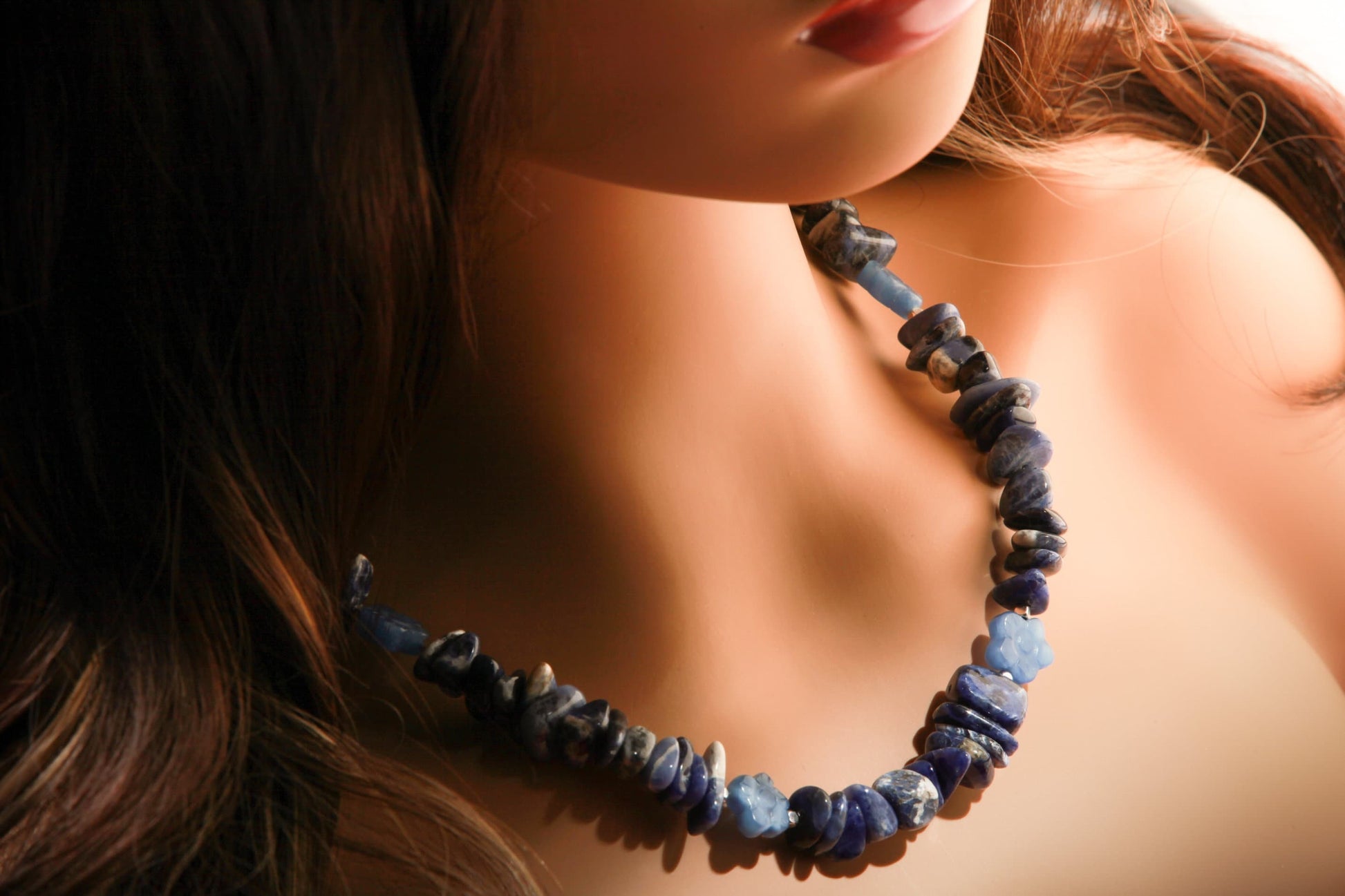 Sodalite Raw Nugget with Carved Vintage Flower Gemstone 19&quot; Necklace with 2&quot; Extension Chain