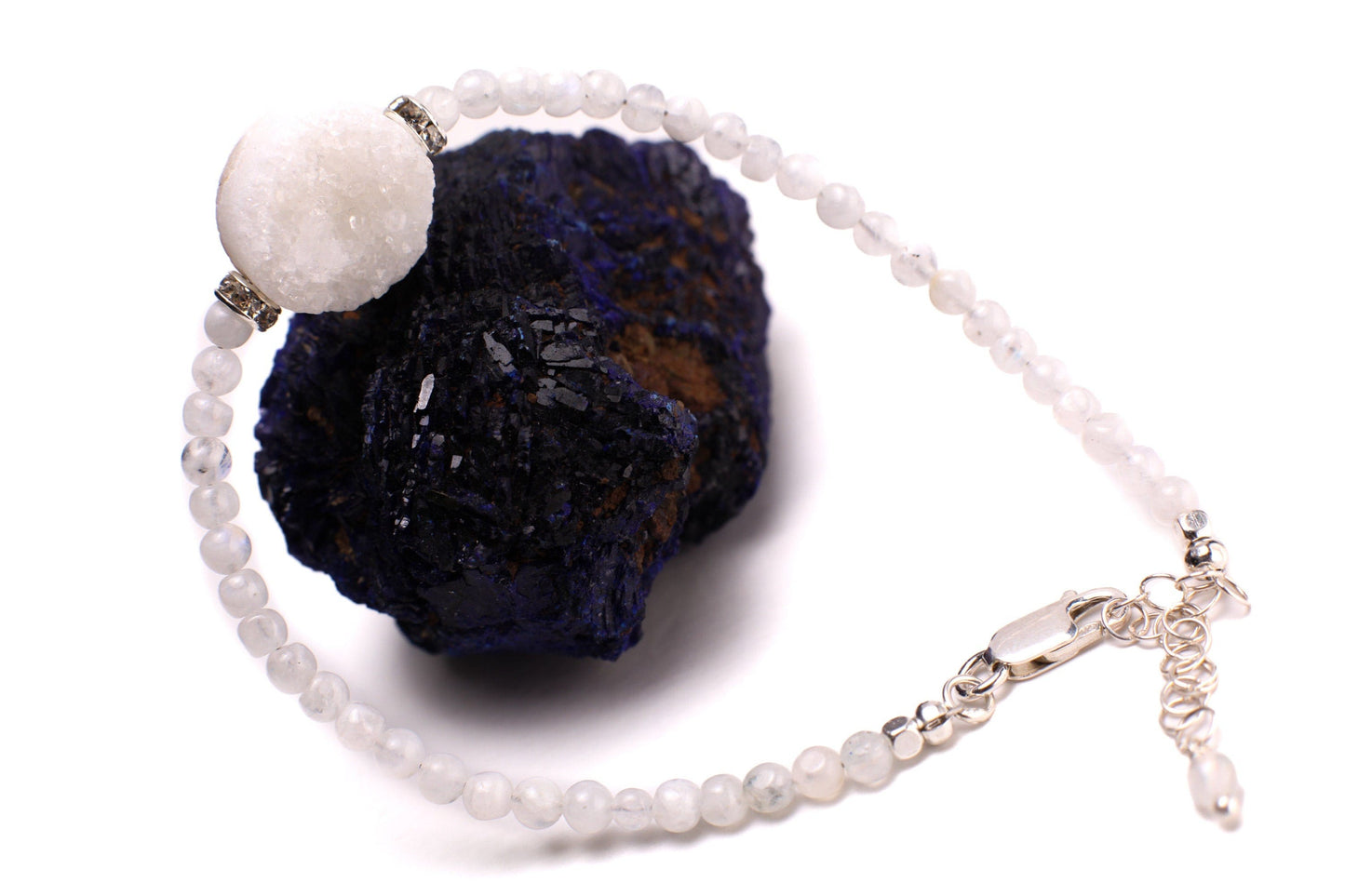 Moonstone smooth round 4mm with natural Geod Drusy white center piece Bracelet in 925 Sterling Silver Chain and Clasp,