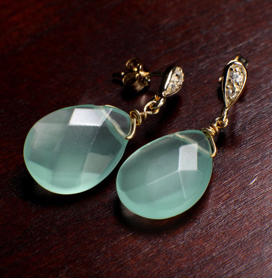 Aqua Chalcedony Faceted Pear Drop Wire Wrapped Dangling Gold over 925 Sterling Silver, Vermeil CZ Post Earrings, Minimalist Gold Jewelry
