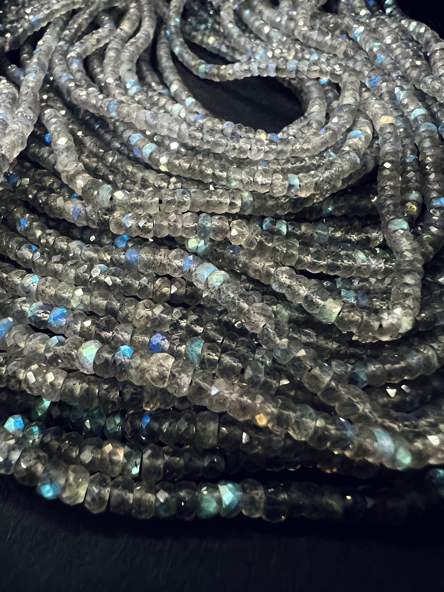 Labradorite Blue Flash micro faceted 3.5-4mm roundel beads 12.5&quot; strand