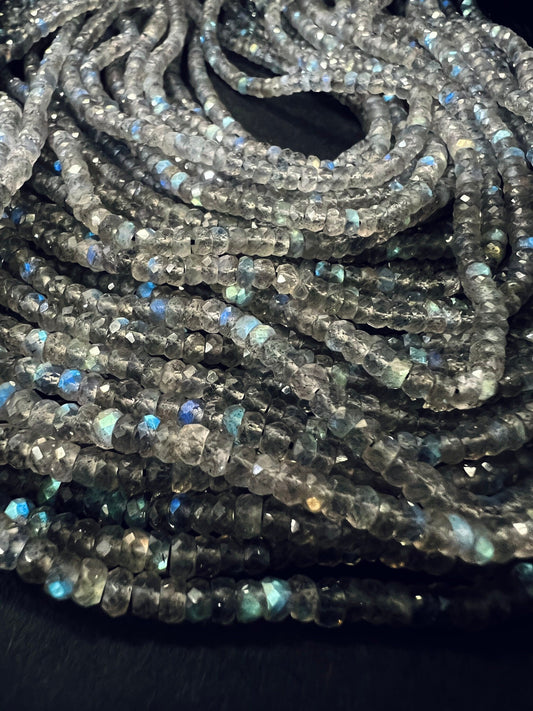 Labradorite Blue Flash micro faceted 3.5-4mm roundel beads 12.5&quot; strand