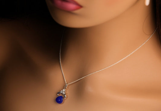 Natural Cobalt Blue Chalcedony Faceted Heart drop with 925 Sterling Silver Rhodium Pendant Dainty Cable Chain Necklace