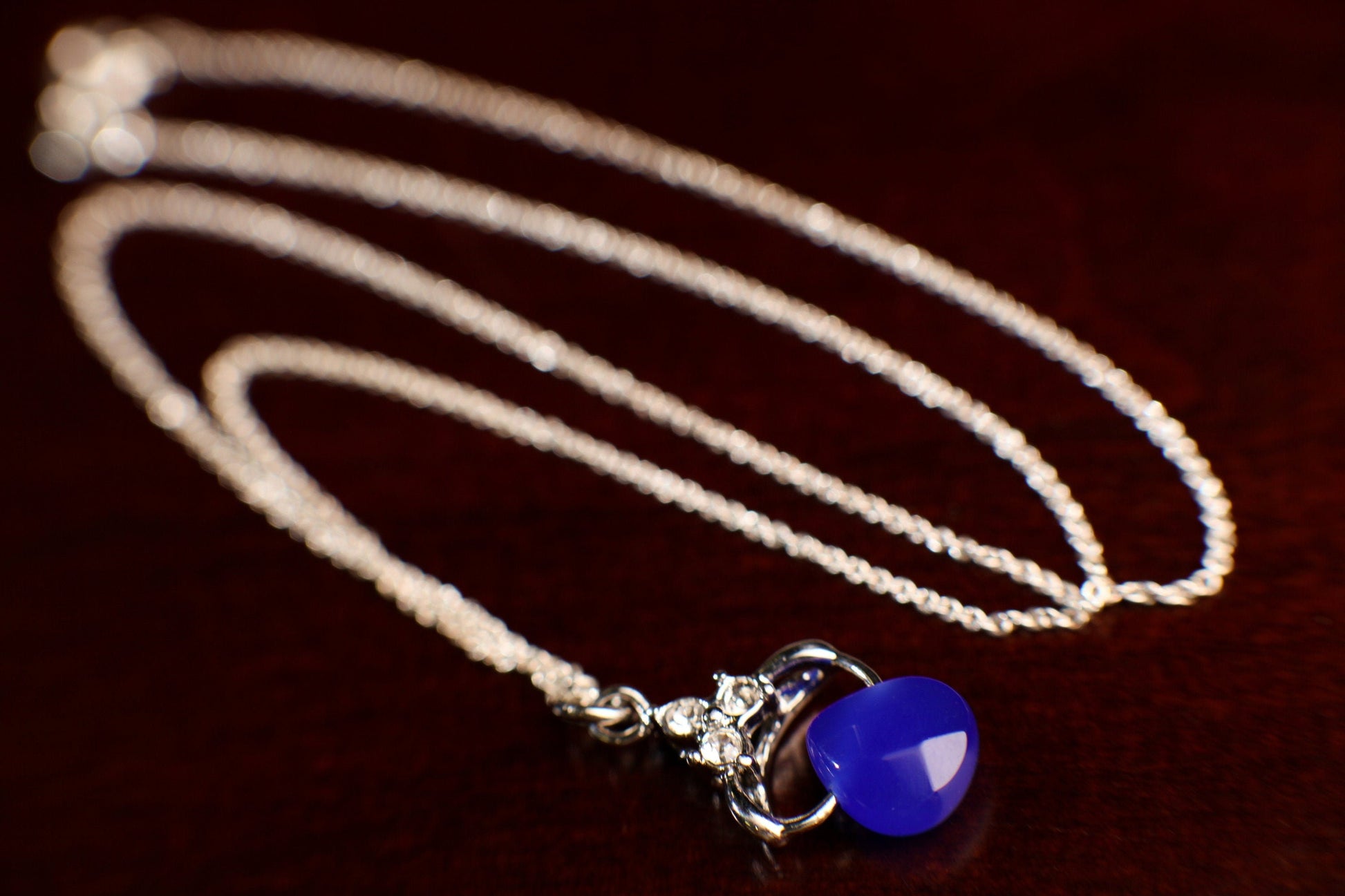 Natural Cobalt Blue Chalcedony Faceted Heart drop with 925 Sterling Silver Rhodium Pendant Dainty Cable Chain Necklace