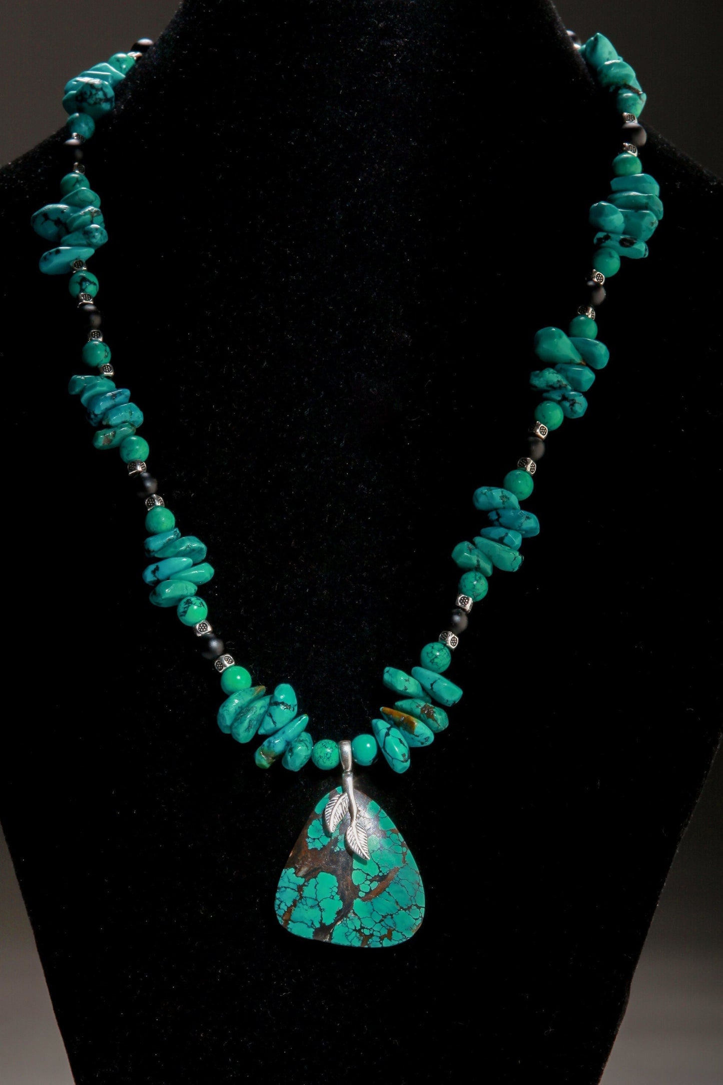 Natural AAA Tibetan Turquoise Spiderweb Matrix Briolette, Triangular Pendant in Sterling Silver Bail, 20" Necklace, Bali Style Toggle Clasp