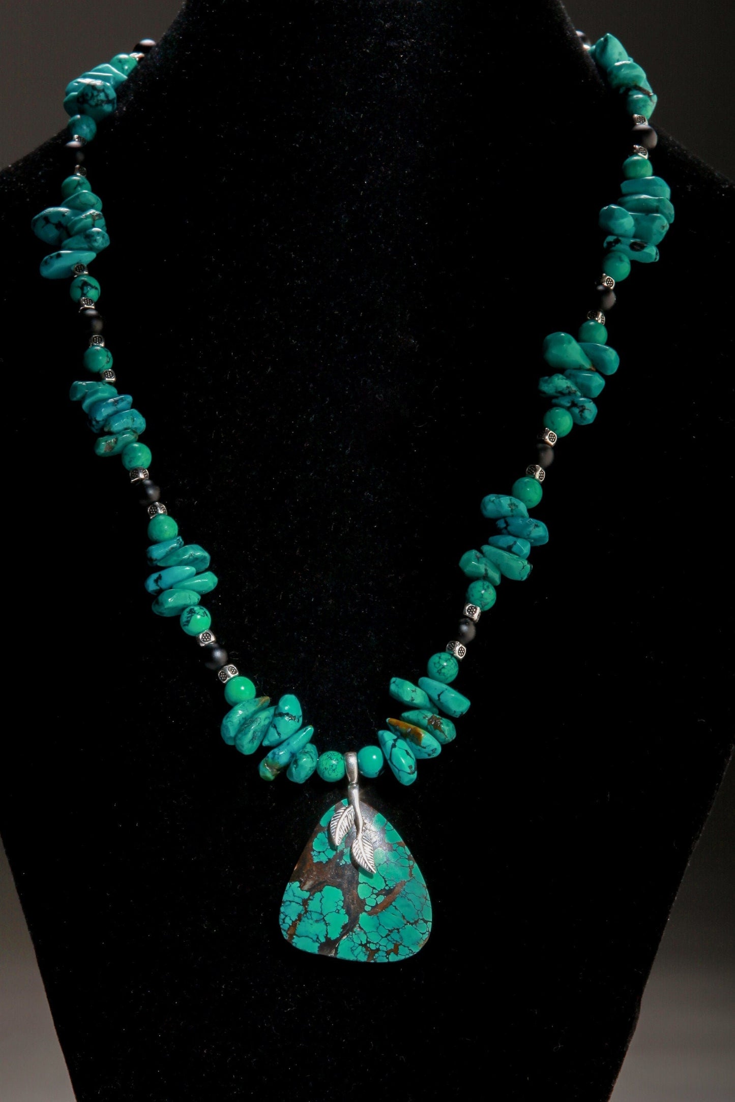 Natural AAA Tibetan Turquoise Spiderweb Matrix Briolette, Triangular Pendant in Sterling Silver Bail, 20&quot; Necklace, Bali Style Toggle Clasp