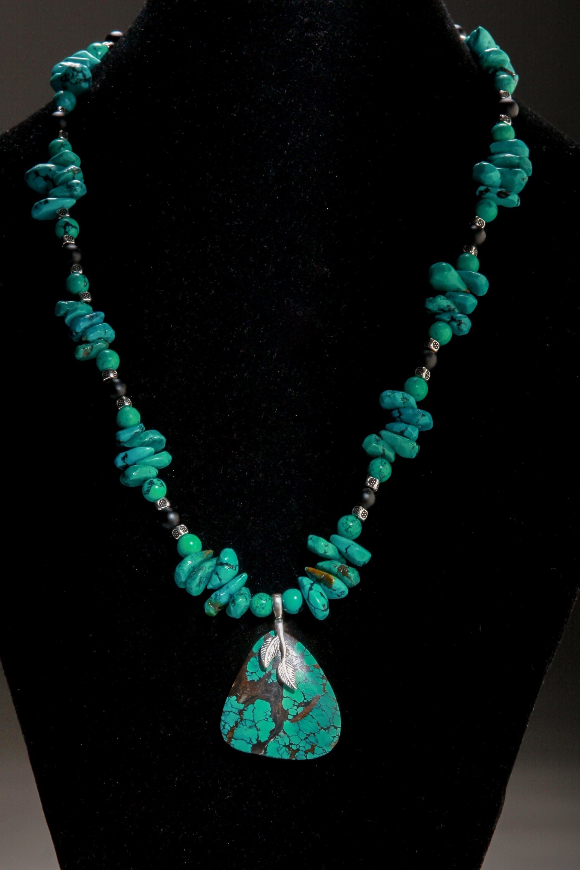 Natural AAA Tibetan Turquoise Spiderweb Matrix Briolette, Triangular Pendant in Sterling Silver Bail, 20&quot; Necklace, Bali Style Toggle Clasp