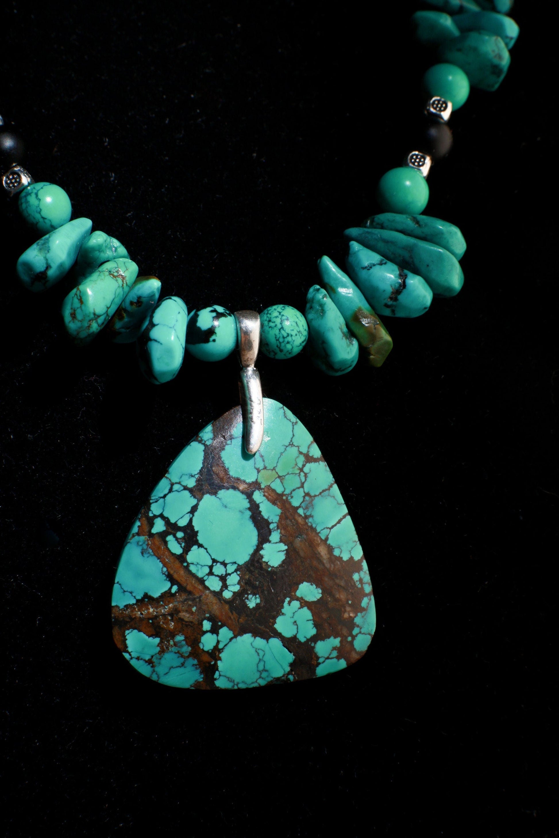 Natural AAA Tibetan Turquoise Spiderweb Matrix Briolette, Triangular Pendant in Sterling Silver Bail, 20&quot; Necklace, Bali Style Toggle Clasp