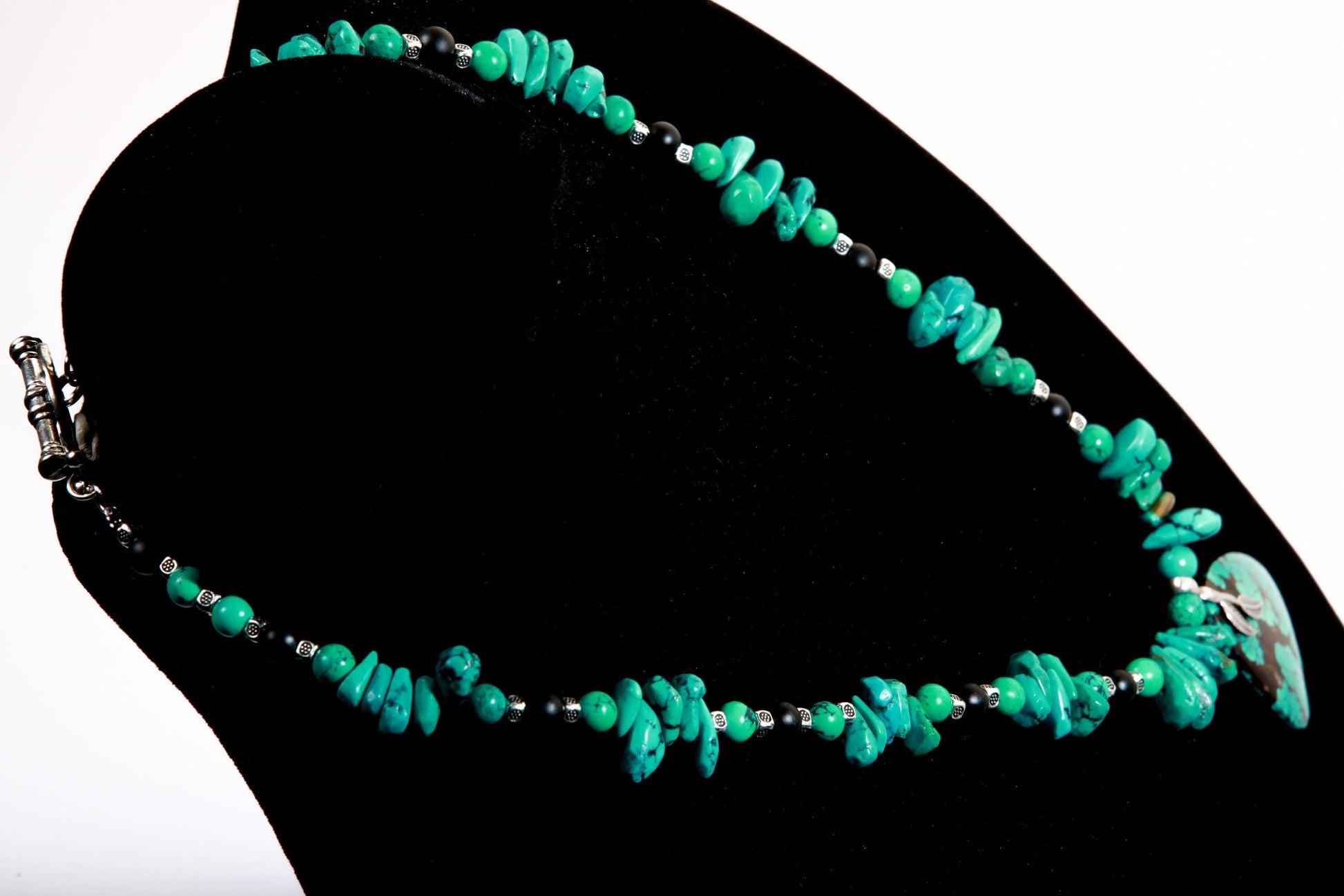 Natural AAA Tibetan Turquoise Spiderweb Matrix Briolette, Triangular Pendant in Sterling Silver Bail, 20&quot; Necklace, Bali Style Toggle Clasp