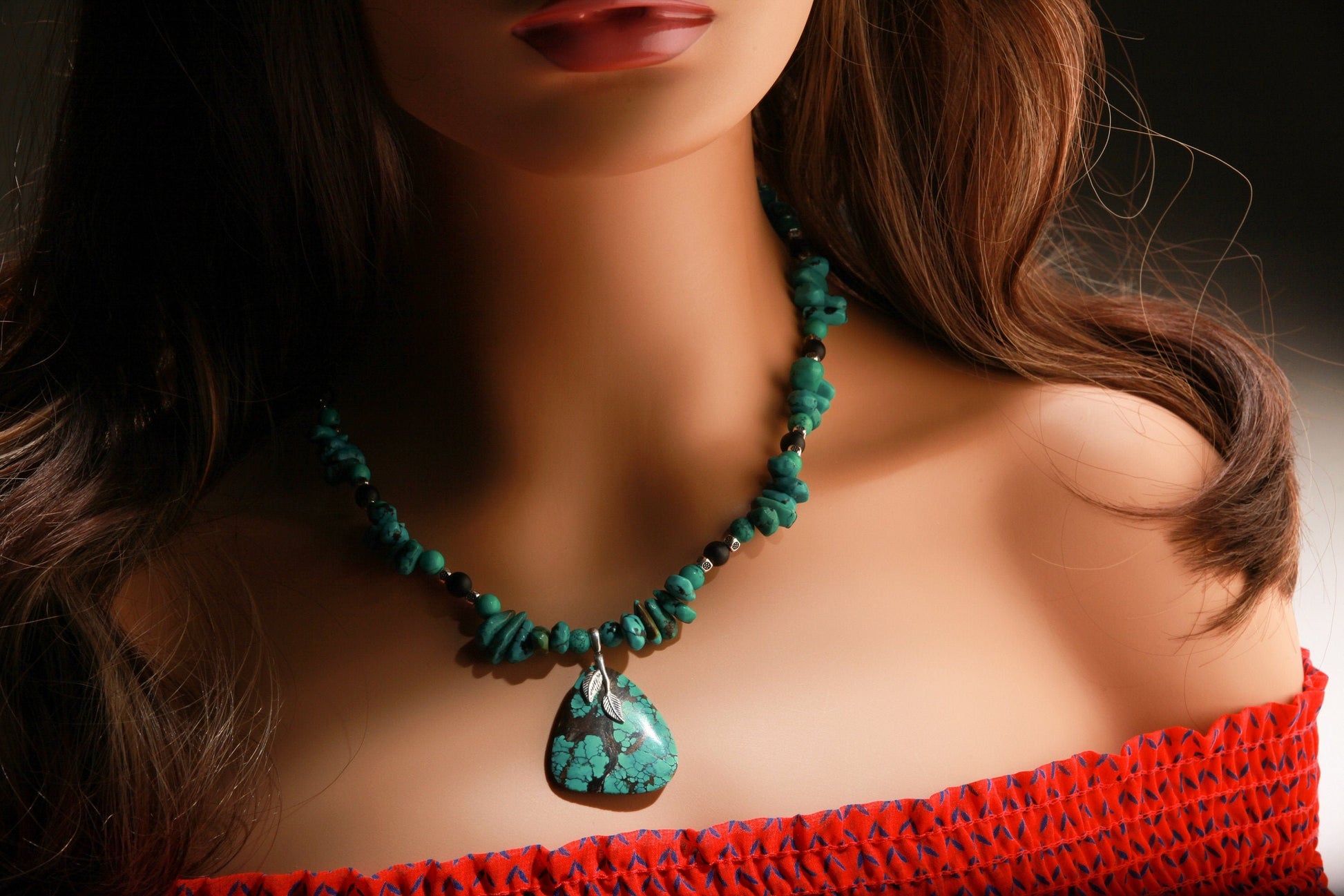 Natural AAA Tibetan Turquoise Spiderweb Matrix Briolette, Triangular Pendant in Sterling Silver Bail, 20" Necklace, Bali Style Toggle Clasp