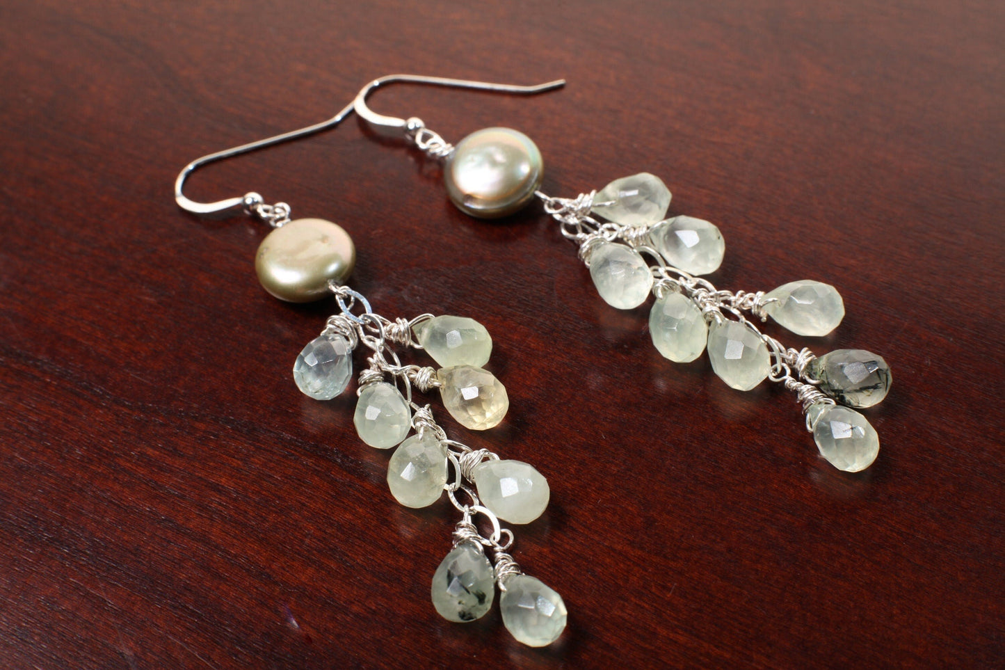 Natural Prehnite, Tourmalinated Quartz 7x11 Faceted Briolette and freshwater green coin pearl Handmade wire Wrap in Sterling Silver Earring