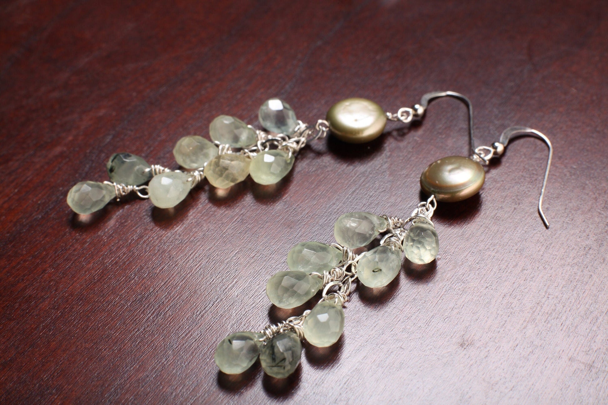 Natural Prehnite, Tourmalinated Quartz 7x11 Faceted Briolette and freshwater green coin pearl Handmade wire Wrap in Sterling Silver Earring