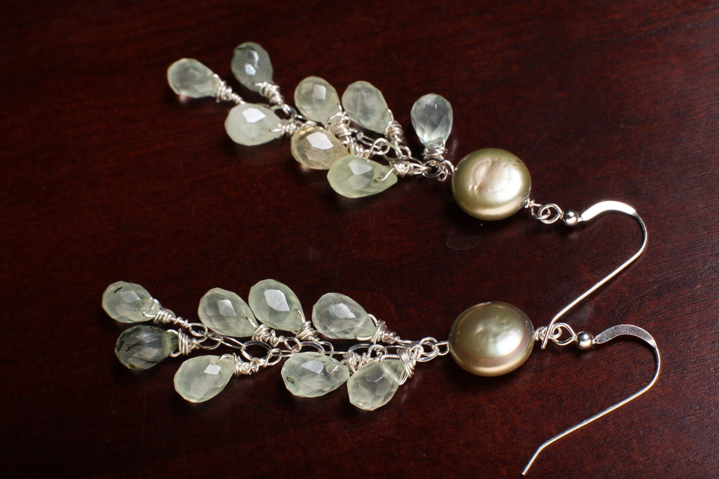 Natural Prehnite, Tourmalinated Quartz 7x11 Faceted Briolette and freshwater green coin pearl Handmade wire Wrap in Sterling Silver Earring