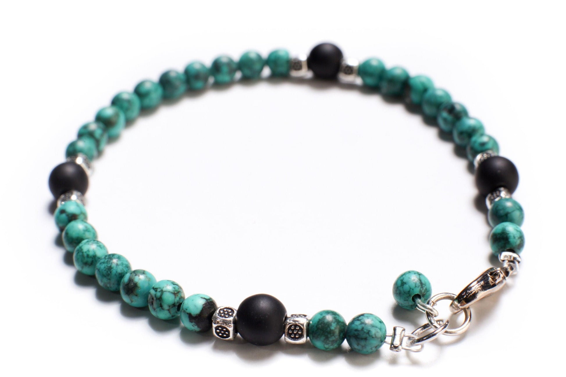 Natural Turquoise AAA Quality Spiderweb Matrix Bracelet Accented with Matte Black Onyx Beads Available in 6", 6.5", 7", 7.5" and 8"