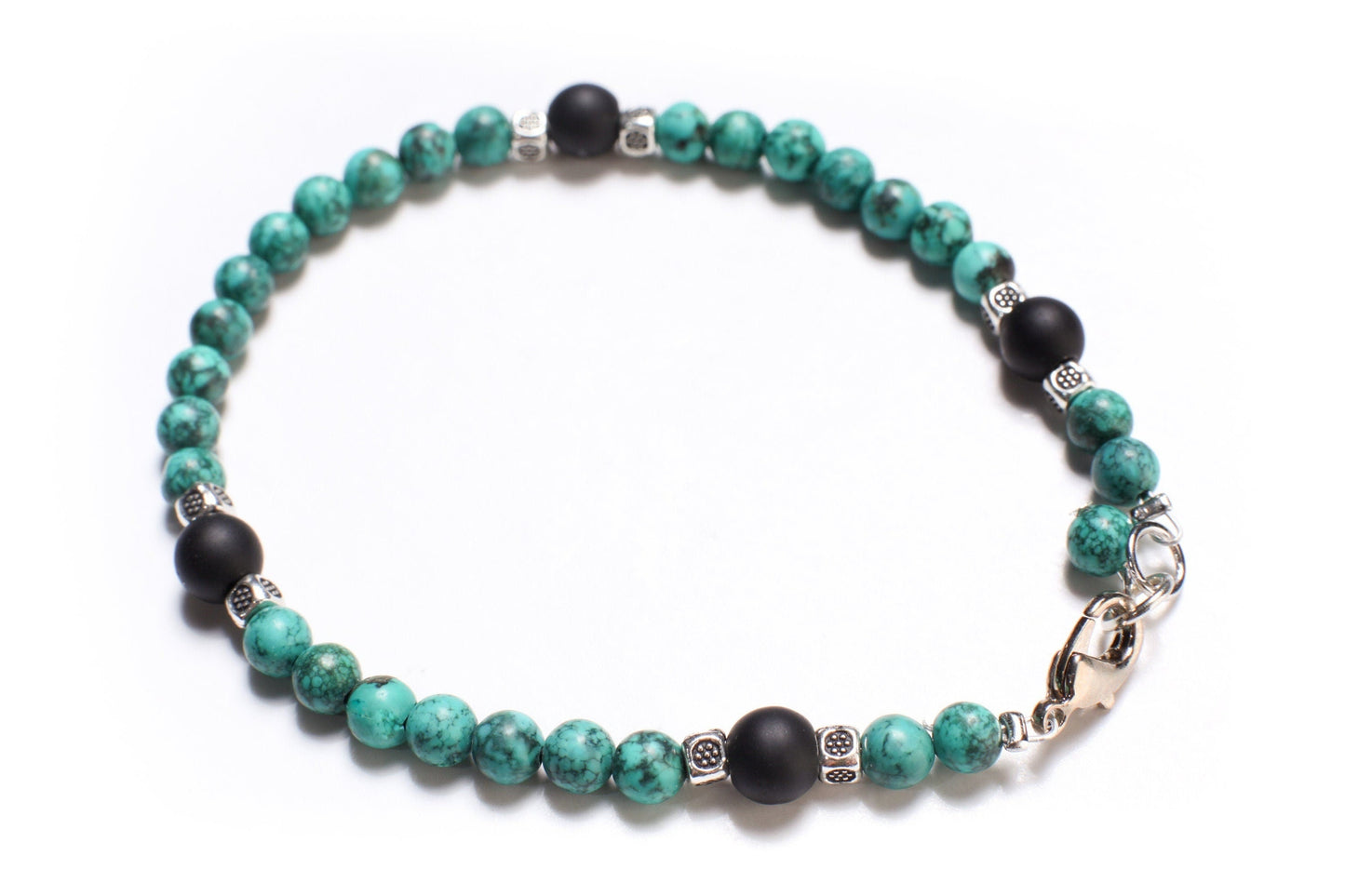 Natural Turquoise AAA Quality Spiderweb Matrix Bracelet Accented with Matte Black Onyx Beads Available in 6", 6.5", 7", 7.5" and 8"