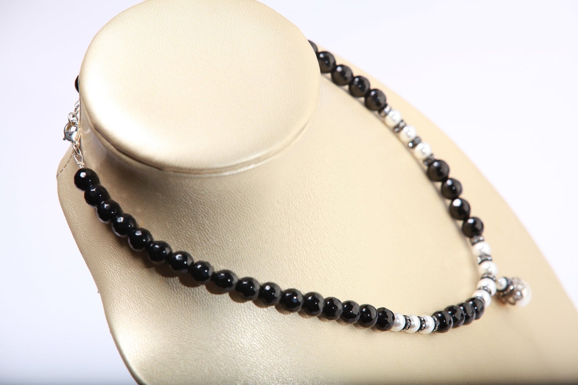 Black Onyx Faceted Round,white South Sea Shell Pearl and Rhinestone Roundel Accent with south sea shell pearl pendant Necklace. Elegant gift