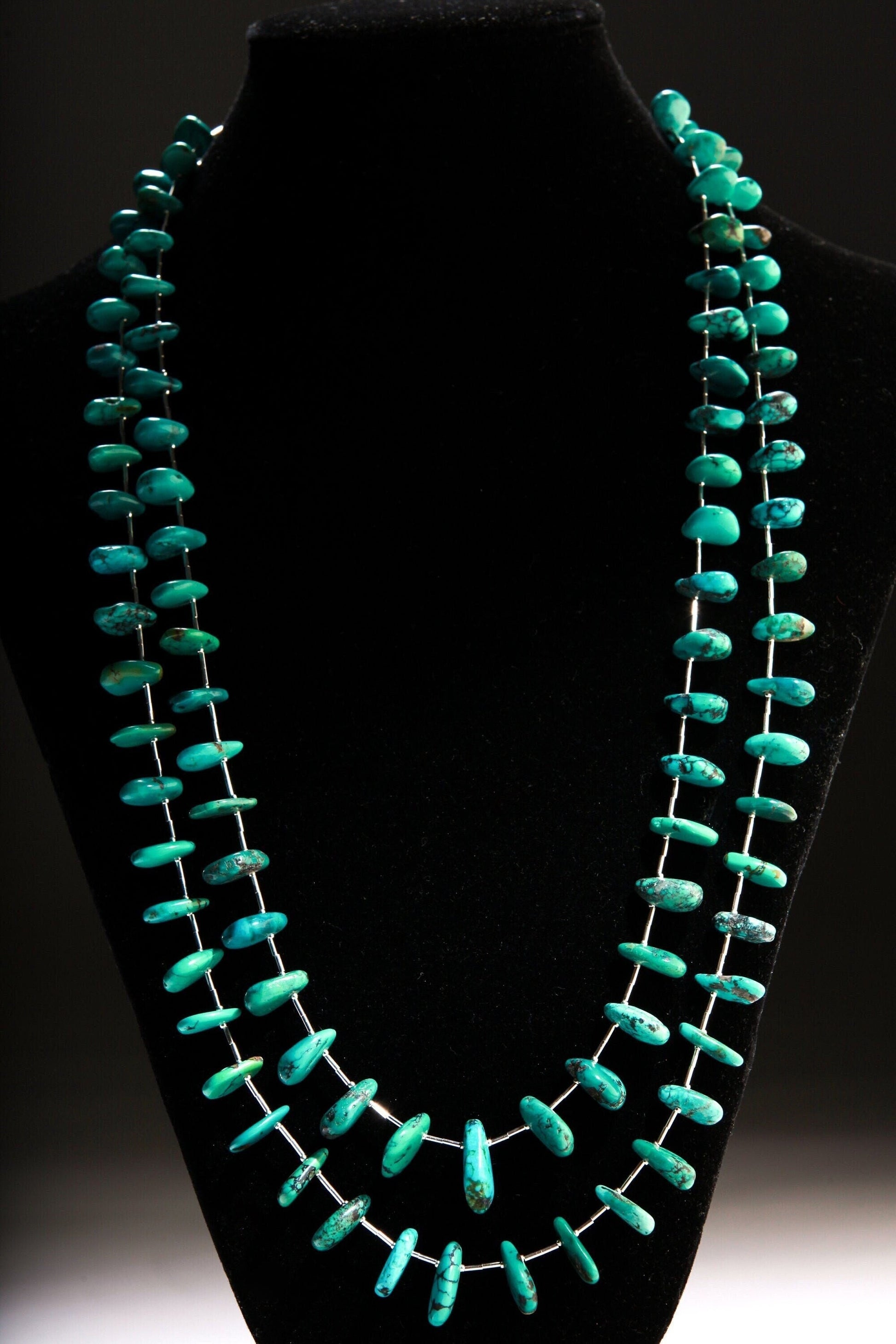 Natural Tibetan Turquoise Teardrop Necklace with 925 Sterling Silver Clasp and Liquid Silver 27" Double Layer Navajo Fetish Necklace