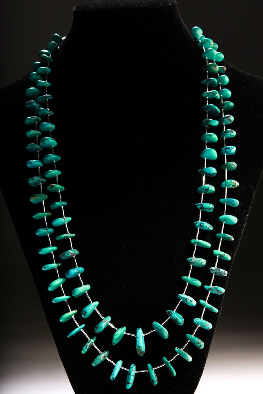 Natural Tibetan Turquoise Teardrop Necklace with 925 Sterling Silver Clasp and Liquid Silver 27" Double Layer Navajo Fetish Necklace