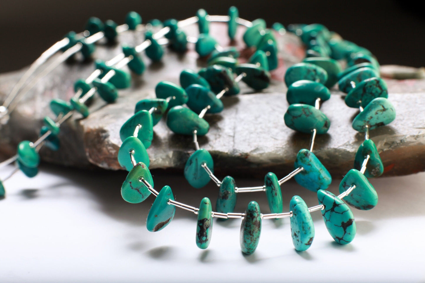 Natural Tibetan Turquoise Teardrop Necklace with 925 Sterling Silver Clasp and Liquid Silver 27" Double Layer Navajo Fetish Necklace