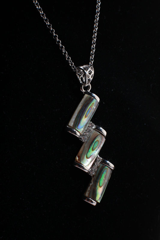 Abalone Shell Silver Bezel Zig Zag with Cubic Zirconia Charm Necklace Jewelry, Dainty Layering Paua Minimalist 18&quot; Necklace