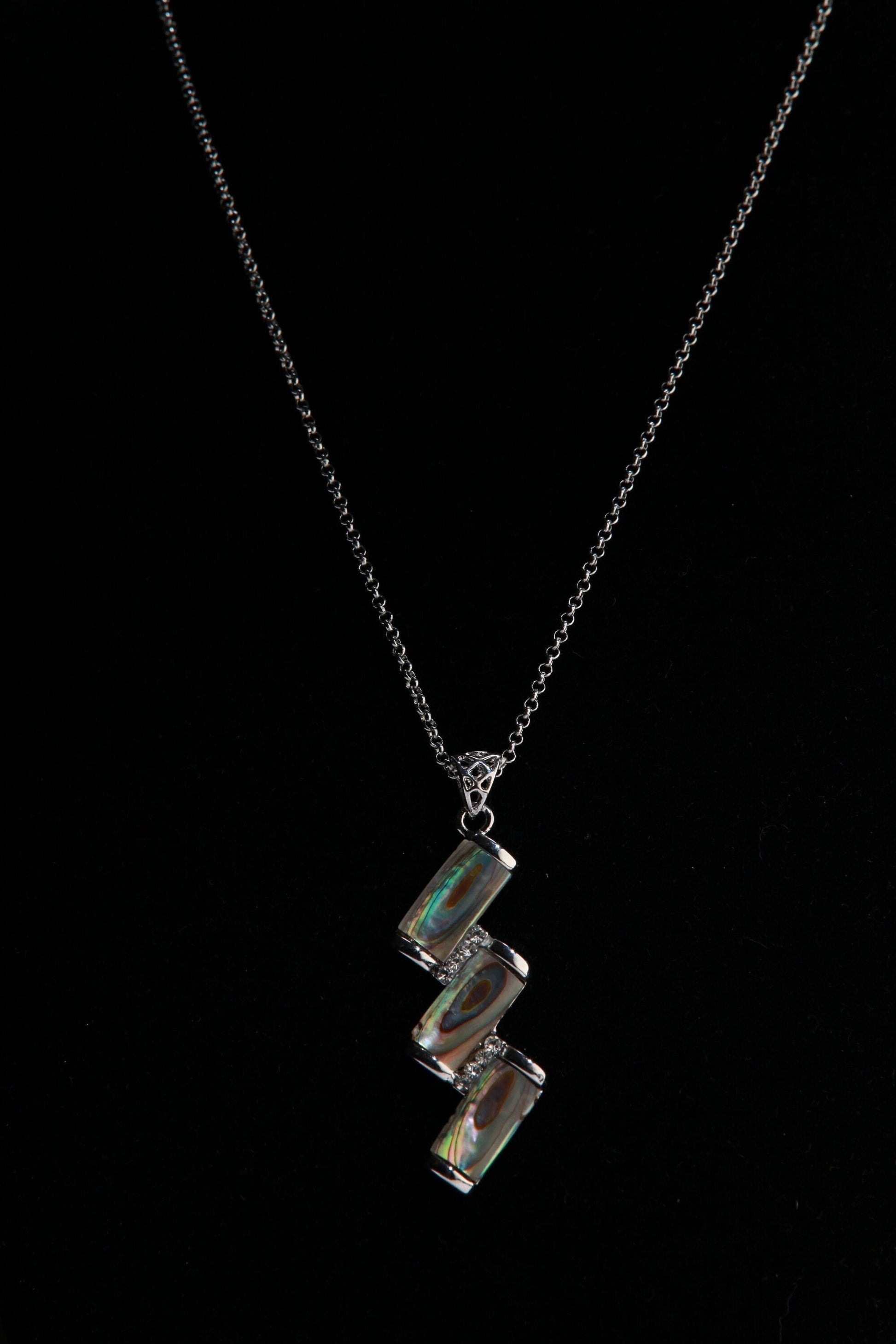Abalone Shell Silver Bezel Zig Zag with Cubic Zirconia Charm Necklace Jewelry, Dainty Layering Paua Minimalist 18&quot; Necklace