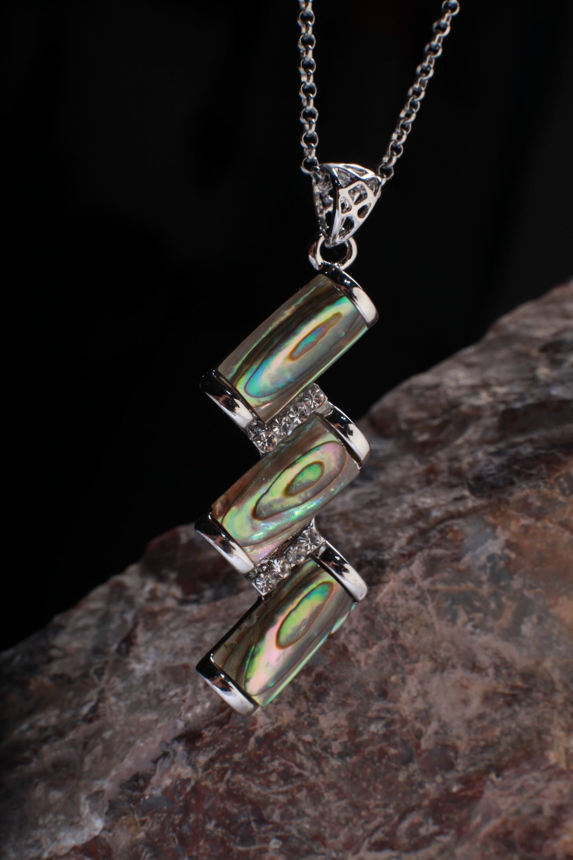 Abalone Shell Silver Bezel Zig Zag with Cubic Zirconia Charm Necklace Jewelry, Dainty Layering Paua Minimalist 18&quot; Necklace