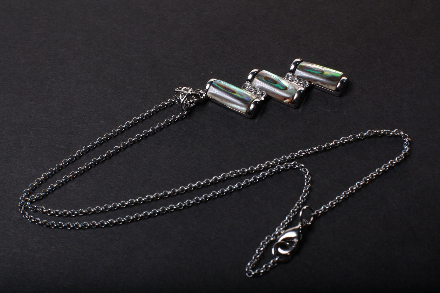 Abalone Shell Silver Bezel Zig Zag with Cubic Zirconia Charm Necklace Jewelry, Dainty Layering Paua Minimalist 18" Necklace