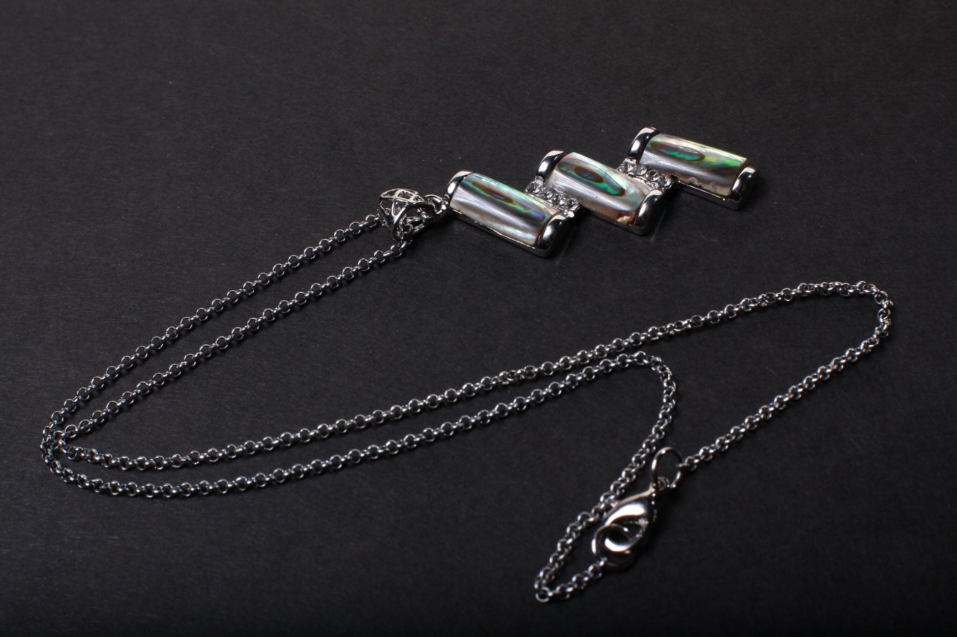 Abalone Shell Silver Bezel Zig Zag with Cubic Zirconia Charm Necklace Jewelry, Dainty Layering Paua Minimalist 18" Necklace