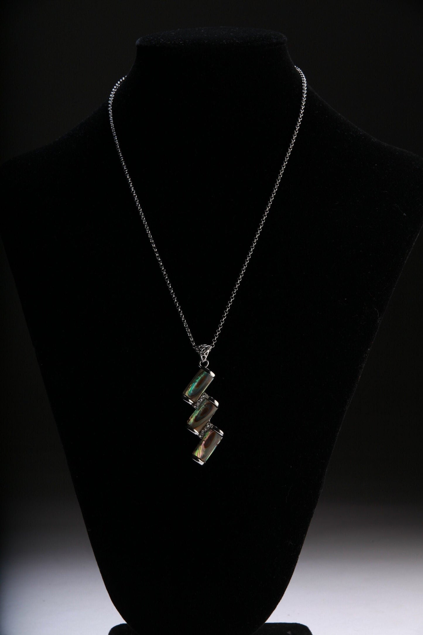 Abalone Shell Silver Bezel Zig Zag with Cubic Zirconia Charm Necklace Jewelry, Dainty Layering Paua Minimalist 18&quot; Necklace