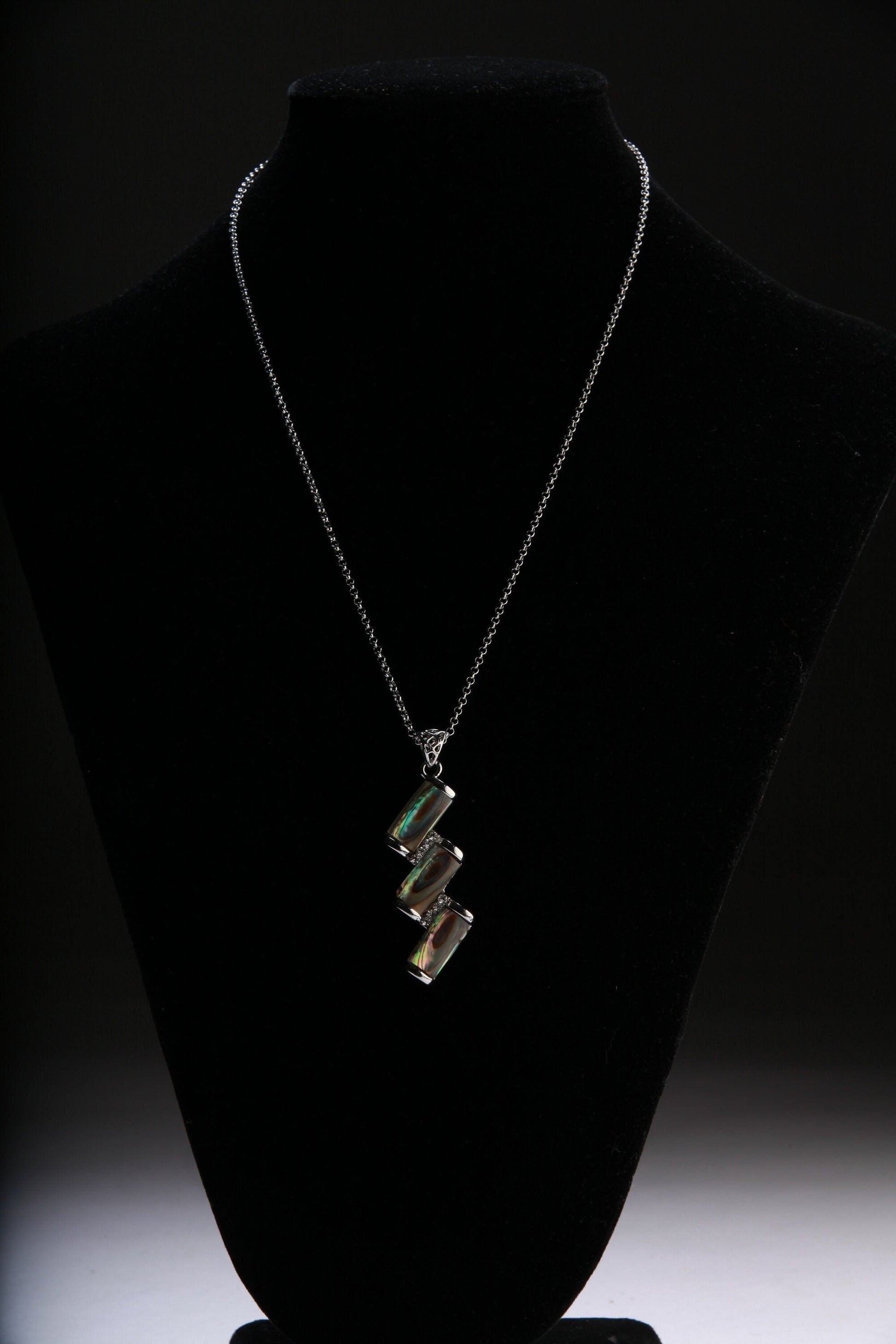 Abalone Shell Silver Bezel Zig Zag with Cubic Zirconia Charm Necklace Jewelry, Dainty Layering Paua Minimalist 18" Necklace