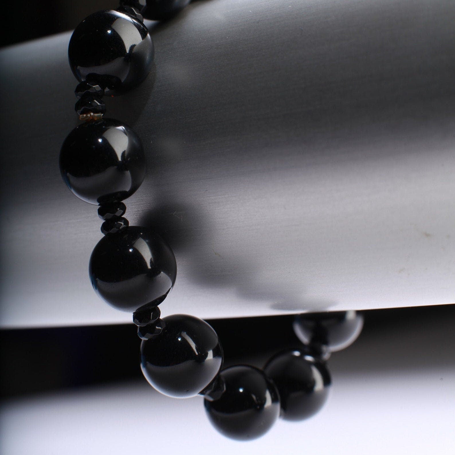 Black Onyx with Rhinestone Natural Gemstone, Healing, Yoga, Crystal Chakra Stretch Bracelet 8&quot;