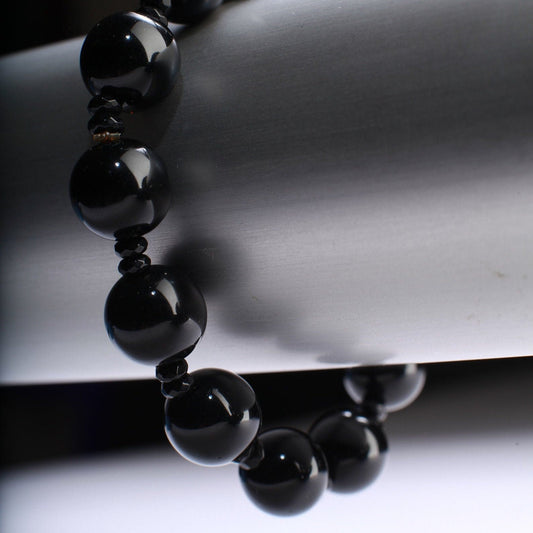 Black Onyx with Rhinestone Natural Gemstone, Healing, Yoga, Crystal Chakra Stretch Bracelet 8&quot;