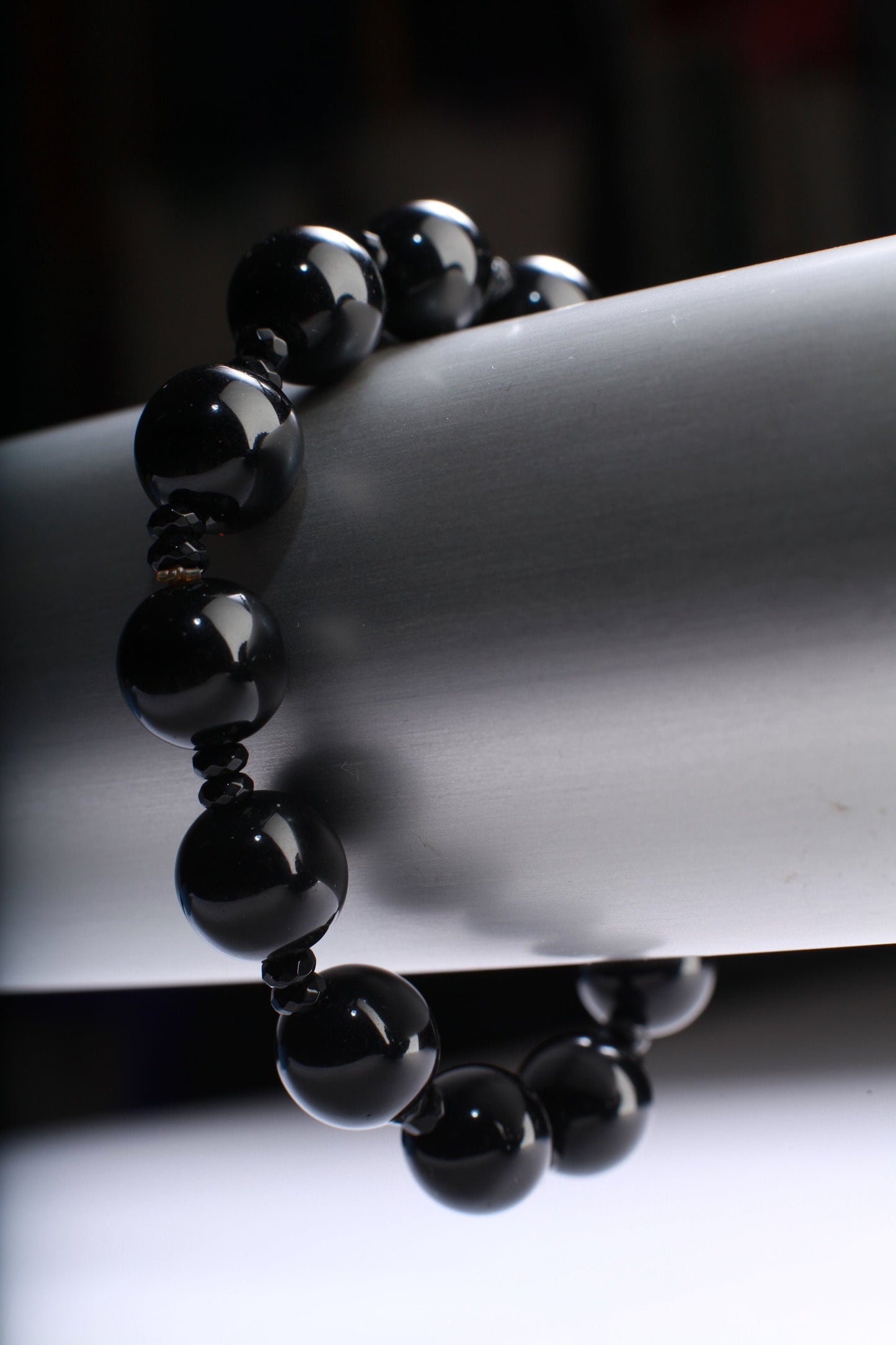 Black Onyx with Rhinestone Natural Gemstone, Healing, Yoga, Crystal Chakra Stretch Bracelet 8"