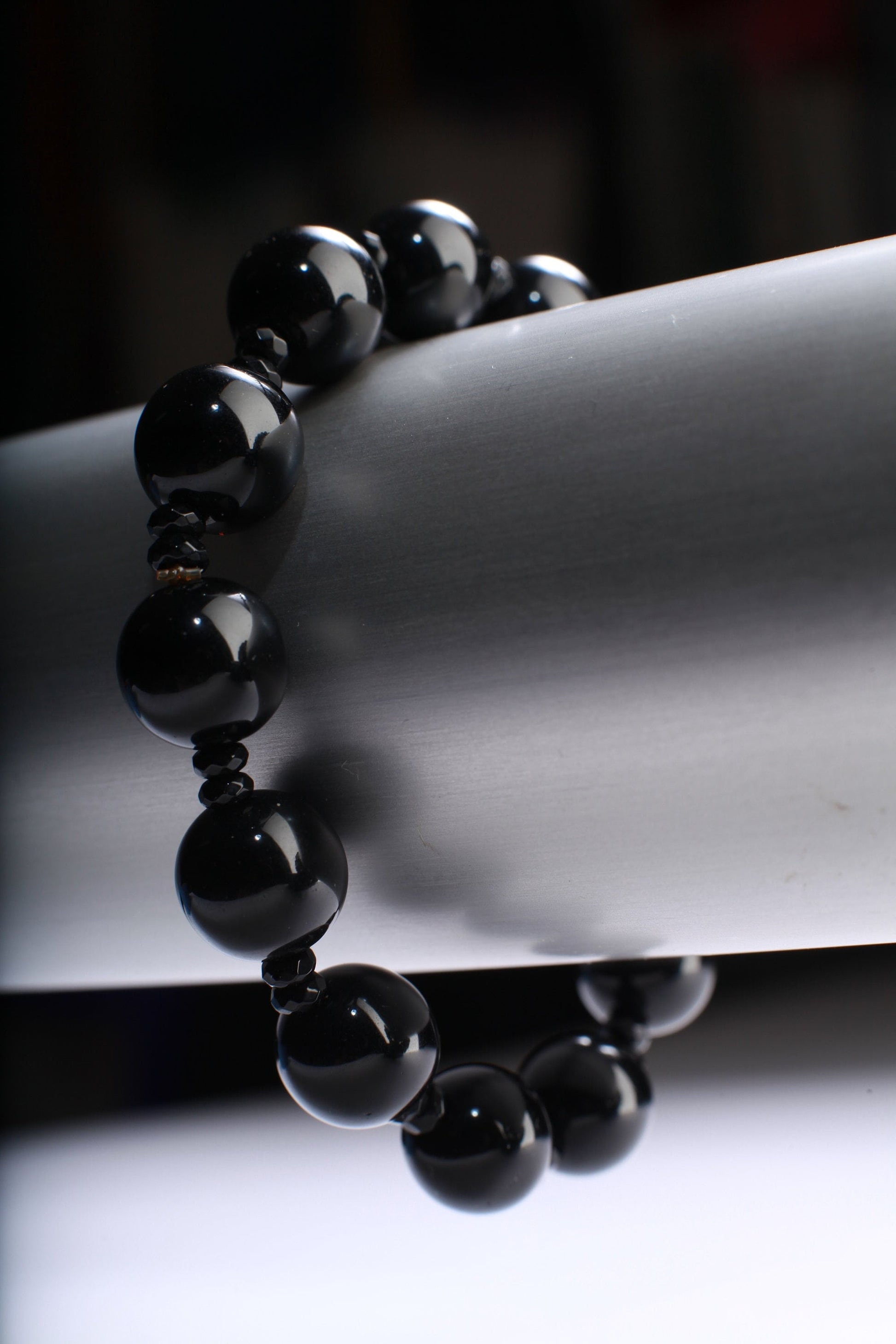 Black Onyx with Rhinestone Natural Gemstone, Healing, Yoga, Crystal Chakra Stretch Bracelet 8"